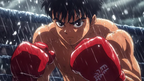Determined anime boxer holds guarded stance under driving rain