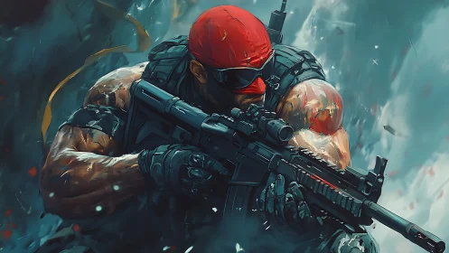 Heavily armed commando in red mask amid swirling chaos.