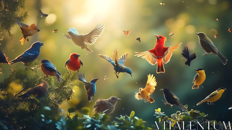 Colorful Songbirds in Sunlit Forest, Vibrant Nature Artwork.