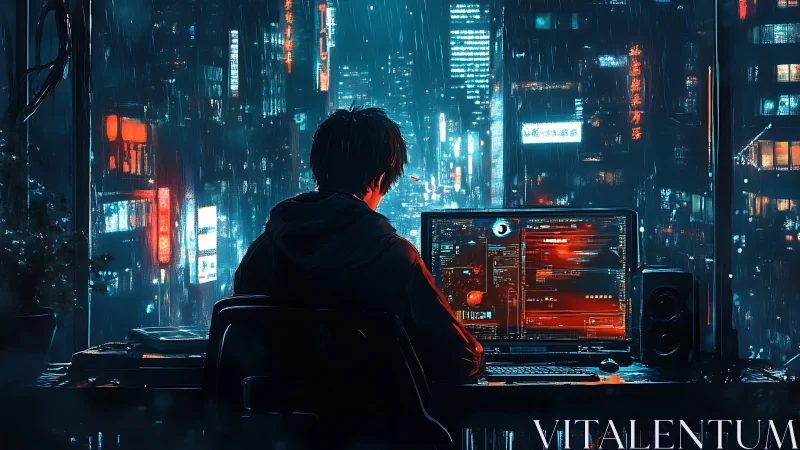 Person works at computer facing rainy neon-lit cityscape