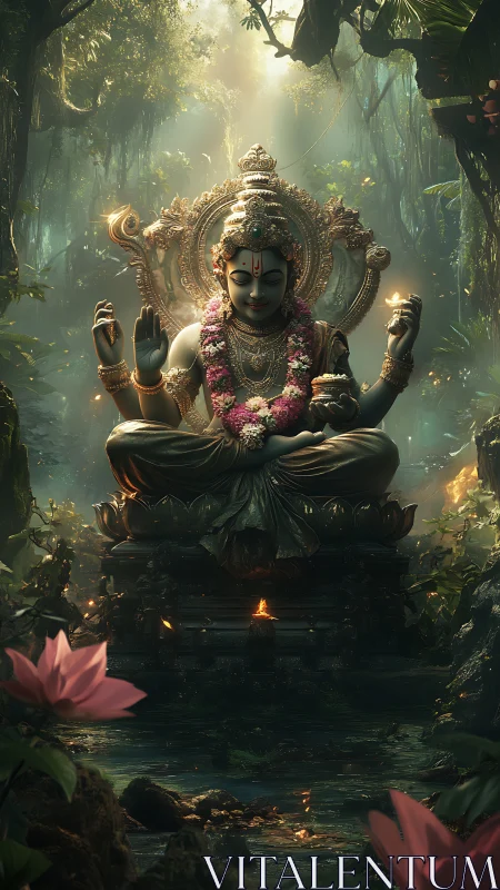 Divine multi-armed deity statue illuminated amid dense jungle shrine