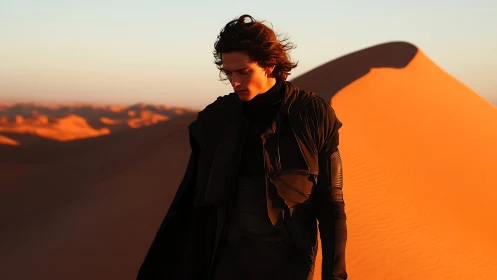 Young figure in dark cloak walking across desert dunes.