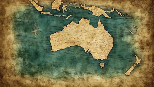 Vintage-style map of Australia and Oceania on aged parchment.