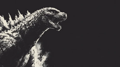 Monochrome kaiju side profile with jagged dorsal spines roaring
