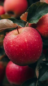 Ripe red apple hangs on branch under soft natural light
