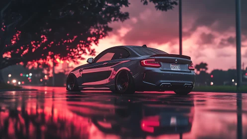 Midnight coupe drinks neon rain along a glowing city verge