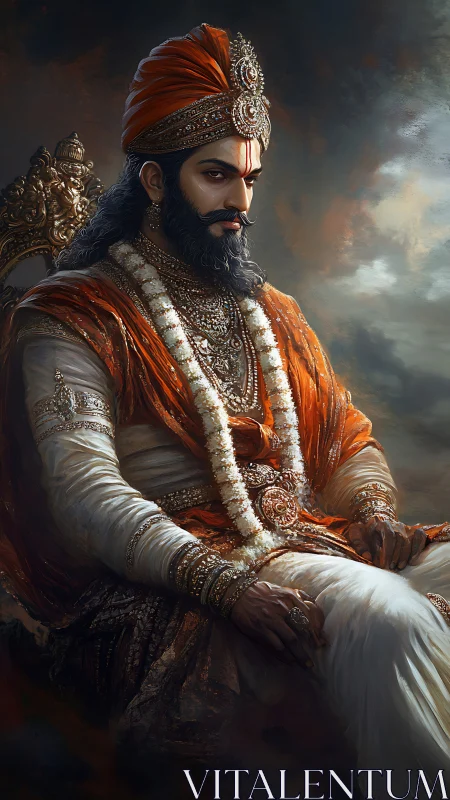 Regal warrior in ornate orange and white royal attire.