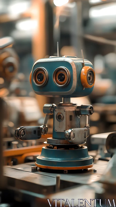 Cute retro robot stands in warm industrial workshop light