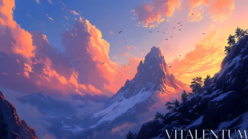 Snow-covered peak under vivid sunset sky with distant birds.