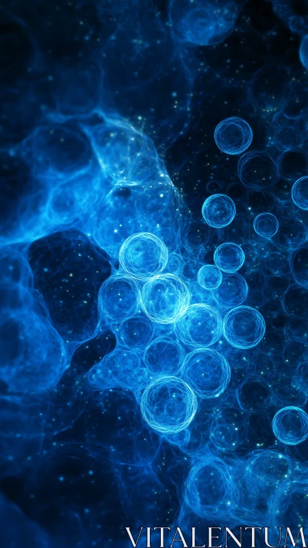 Bioluminescent quantum foam spheres in deep blue nebular void