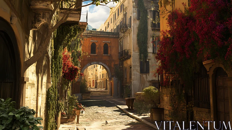 Sunlit European alleyway with bougainvillea and archway geometry.