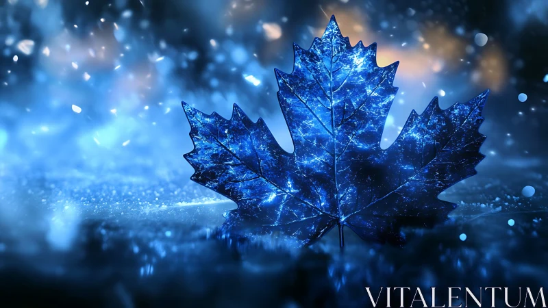 Luminous blue maple leaf glows against defocused bokeh field