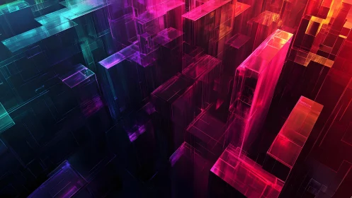 Neon geometric cityscape with glowing 3D blocks, digital art style.