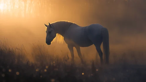 White horse stands in dense golden fog at sunrise