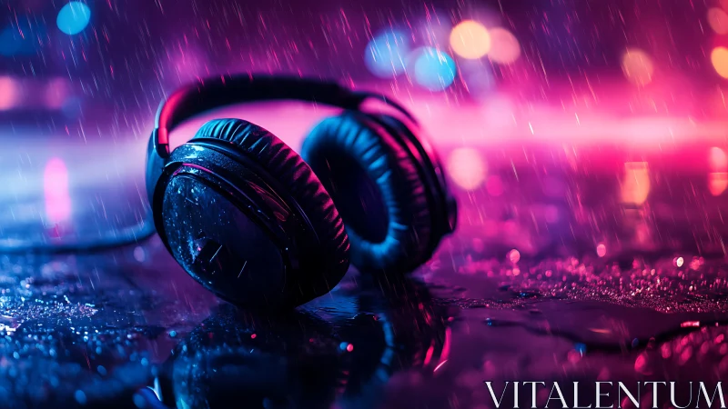 Moody headphones rest in neon rain, inviting quiet escape