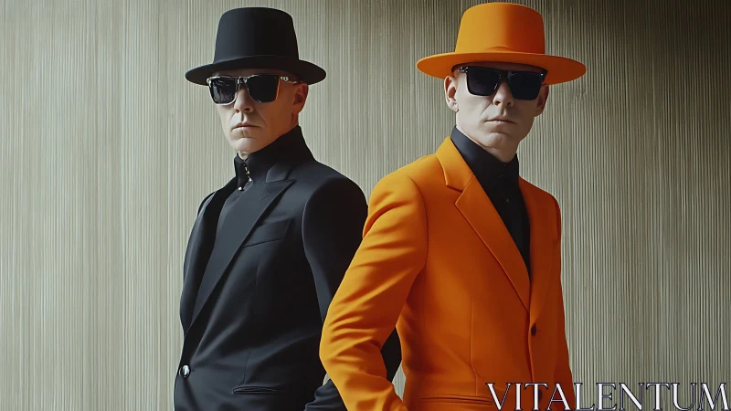 Twin silhouettes trade shadows and citrus in mirrored cool