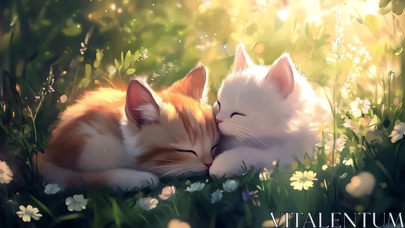 Two Felids in Blooming Meadow with Luminous Atmospheric Effects.