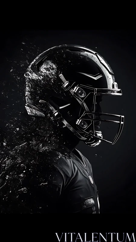 Black chrome football helmet dissolving into dynamic shards.
