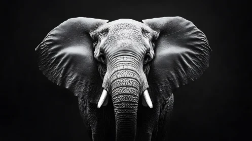 Monochrome frontal portrait of adult elephant against black.