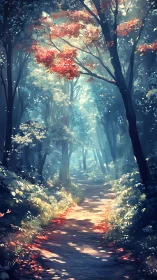 Enchanted Forest Path with Glowing Autumn Colors