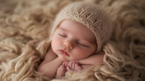 Newborn infant portrait with cream knit bonnet on soft textured backdrop in repose
