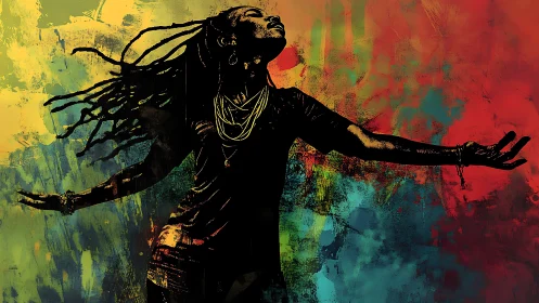 Silhouetted figure with outstretched arms on multicolor field.