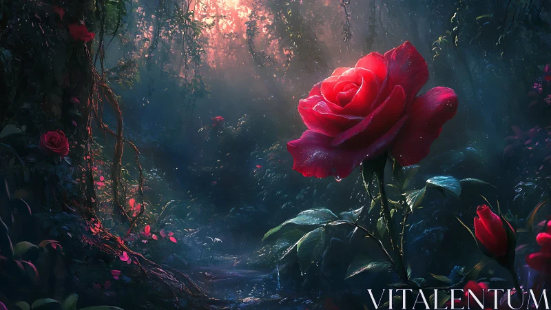 Luminous dewdrop rose dominates an enchanted twilight forest