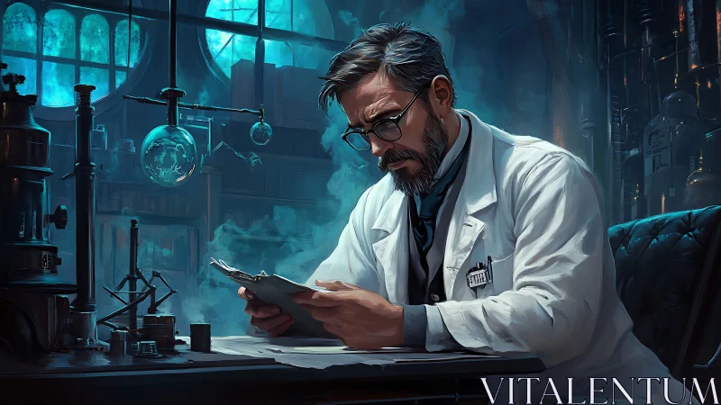 Scientist reads documents in a dim, blue lit laboratory