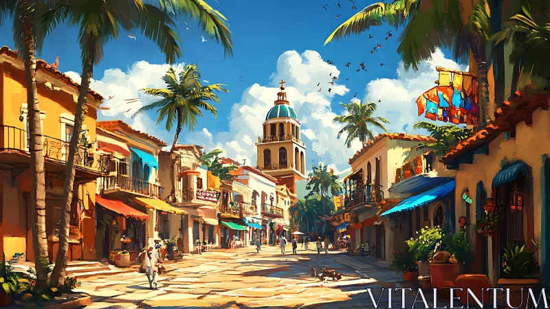 Sunlit colonial street with bell tower and palm trees.