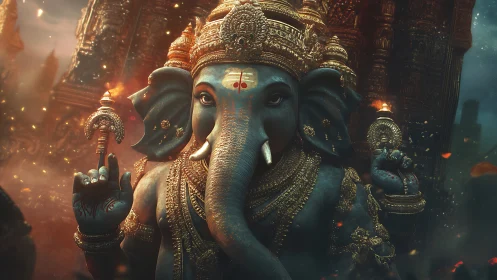 Elephant-headed deity statue with ornate gold adornments.