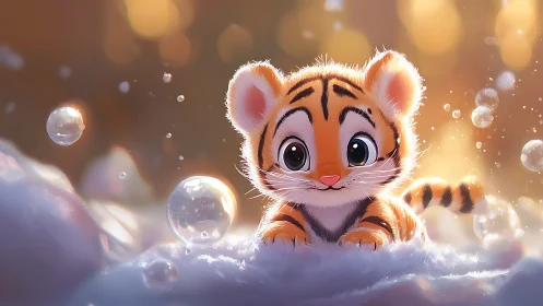 Cartoon tiger cub amid bubbles on soft white surface.