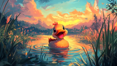 Cheerful duckling swims through glowing sunset wetland