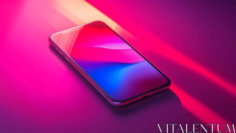 Modern smartphone on vibrant neon surface, digital art style.
