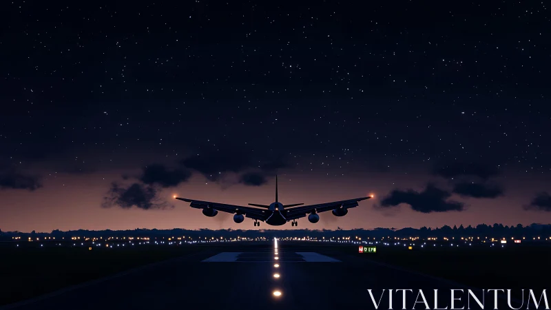 Jet airliner descends onto starlit runway at night.