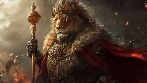 Regal lion monarch in baroque fantasy battlefield portrait.