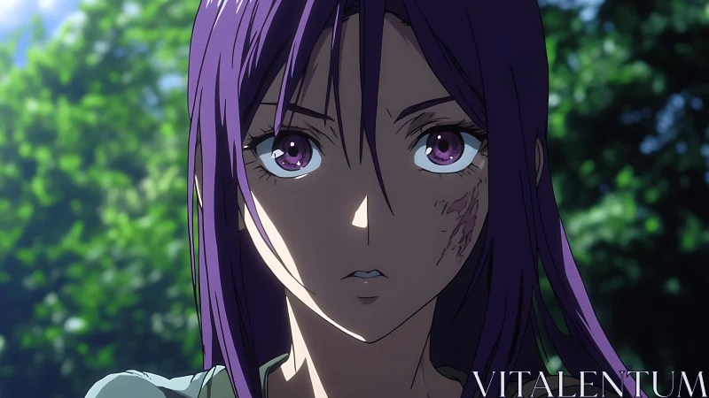 Purple haired anime girl with scar in forest light.