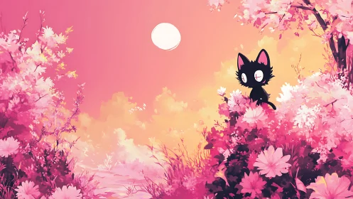 Celestial bloomscape with silhouetted cat under chromatic sky.