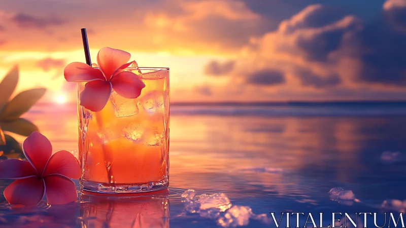 Tropical Sunset Cocktail with Plumeria Floral Garnish.