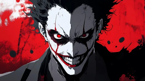 Sinister grinning villain portrait on blood red background.