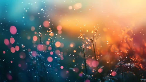 Backlit grass with colorful bokeh and suspended droplets.
