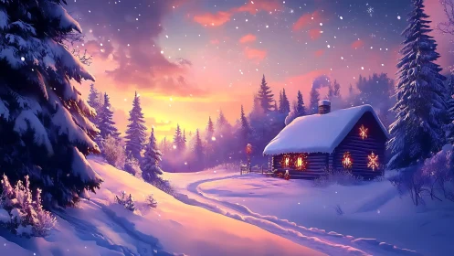 Snowy forest cabin at sunset with warm glowing windows.