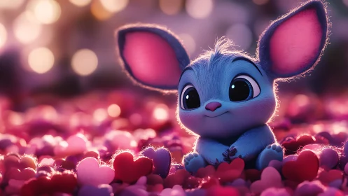 Adorable Blue Bunny Surrounded by Glowing Pink Hearts