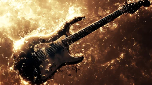 Electric guitar glowing in molten golden light and sparks.