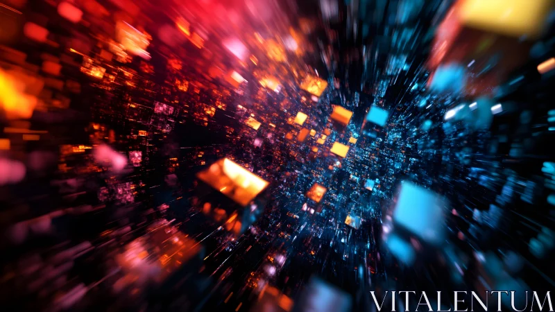 Abstract digital explosion of colorful cubes in futuristic cyber style.