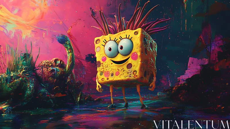 Surreal sponge creature in neon sci fi seascape.