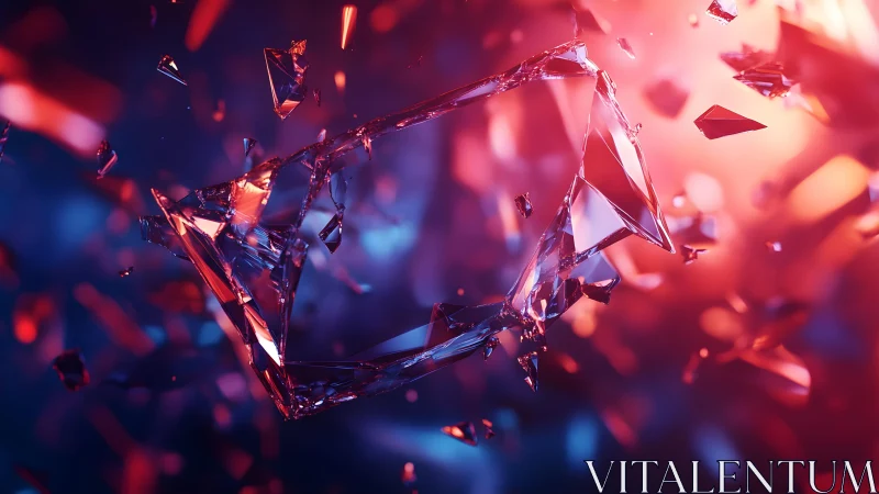 Shattered Glass Fragments Floating in Vibrant Abstract Light.