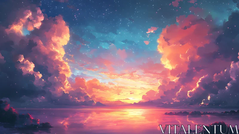 Vivid digital seascape sunset with glowing clouds and stars.