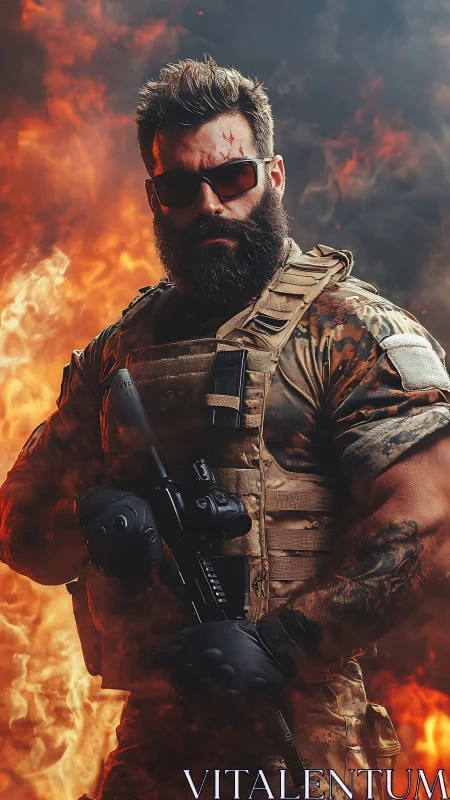 Heavily armed tactical operator amid intense fire vortex