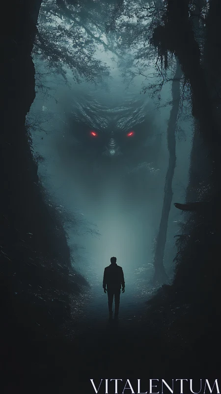 Lone figure confronts spectral red-eyed entity in misted forest
