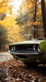 Vintage green muscle car front amid warm autumn forest.